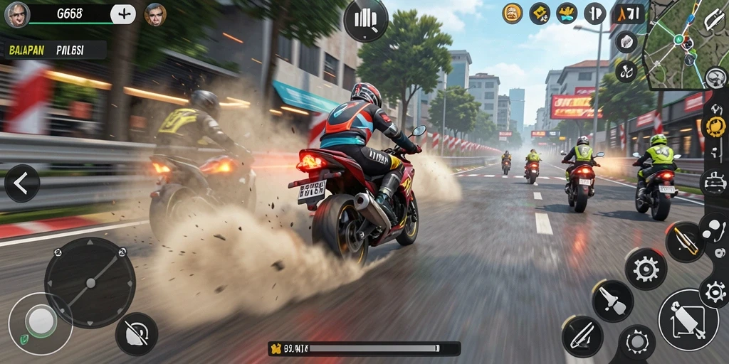 Tampilan gameplay G668 dengan balapan motor yang seru.