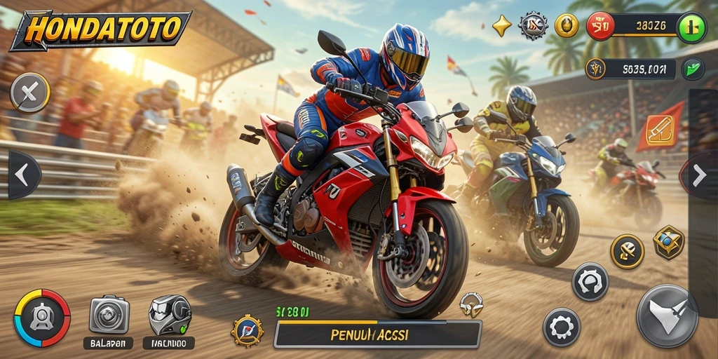 Tampilan gameplay HONDATOTO yang penuh aksi di lintasan balap.